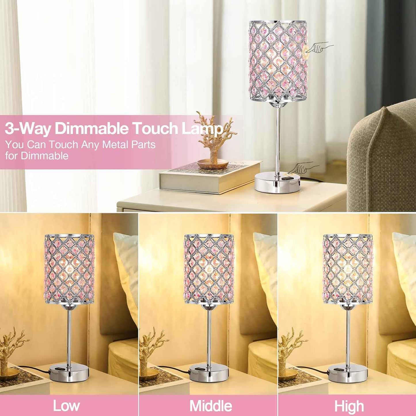 Dimmable Touch Control Crystal Table Lamp Set of 2 with USB-C & AC Ports - Elegant Nightstand Lighting for Bedroom & Living Room