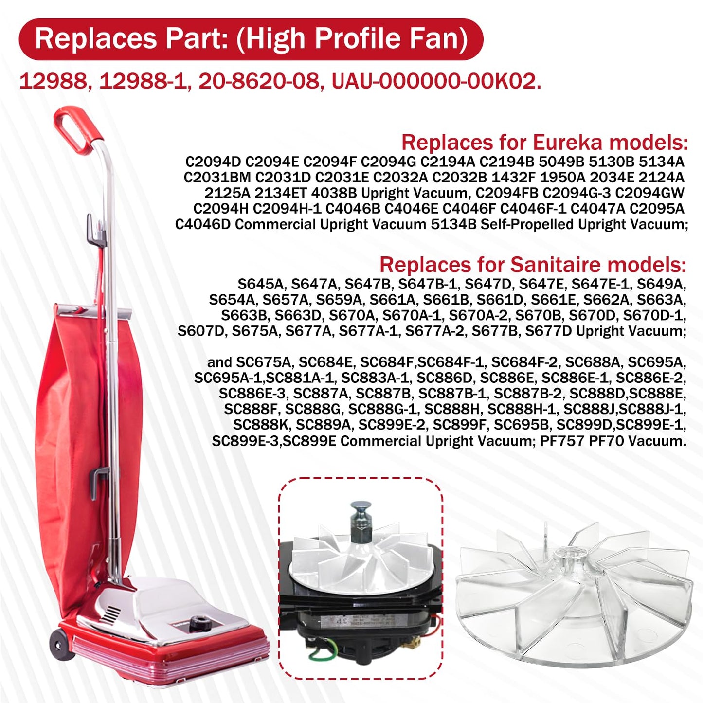 GULUANT 2 Pack Replacement 81092 Upright Vacuum Fan for Sanitaire 5.0 AMP for SC679 SC688 SC689 SC684 S635 Vacuum Models (11/16" High Blade)