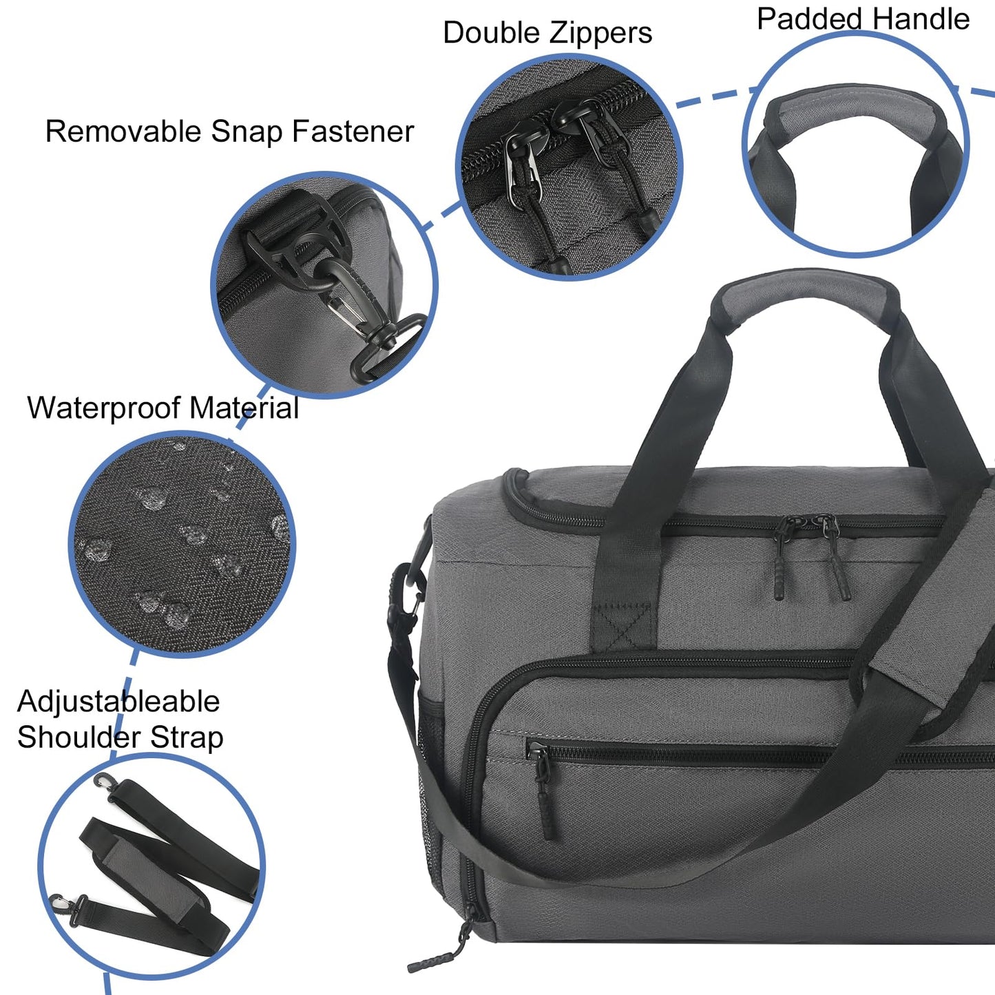 Gym Bag for Men Women, Sports Duffle Bag with Wet Pocket & Shoes Compartment, Water Resistant Overnight Weekender Bag Duffel Bag - Grey