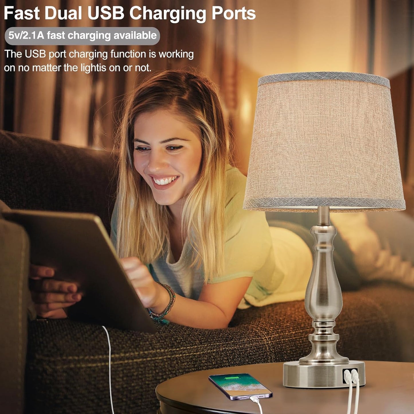 Touch Bedside Table Lamps Set of 2 with USB C+A Ports - 3-Way Dimmable Linen Shade