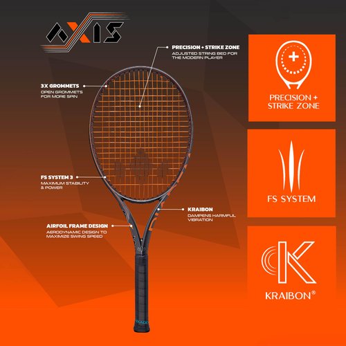 Diadem Axis 98 Tennis Racket | 16x20 String Pattern, FS3 Stabilization, Kraibon Vibration Dampening, Precision Strike Zone for Unrivaled Spin & Control (Black/Orange, Grip: 4 3/8" (L3))