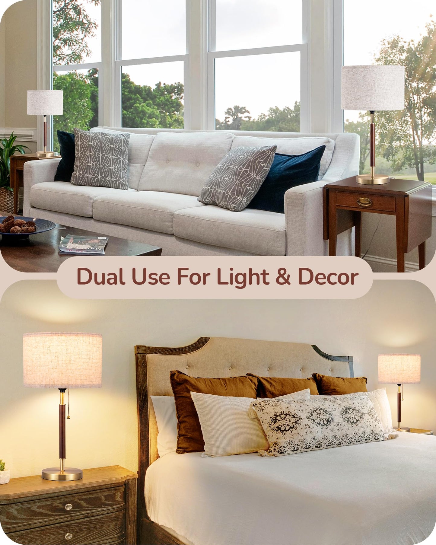 EDISHINE Mid Century Table Lamp Set of 2, Pull Chain Switch Bedside Lamp, Linen Shade, Solid Wood Pole & Bronze Brushed Metal Base, Modern Nightstand Lamp for Bedroom, Living Room, Office, E26 Base