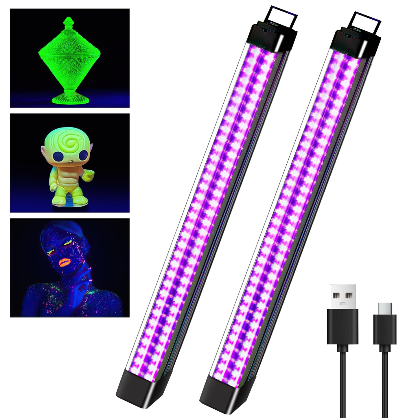2 Pack Rechargeable LED Black Light Bar, 10W Battery Operated Black Lights, Cordless Black Light Strip, Portable Blacklight for Bedroom Tapestry Poster Glow Party