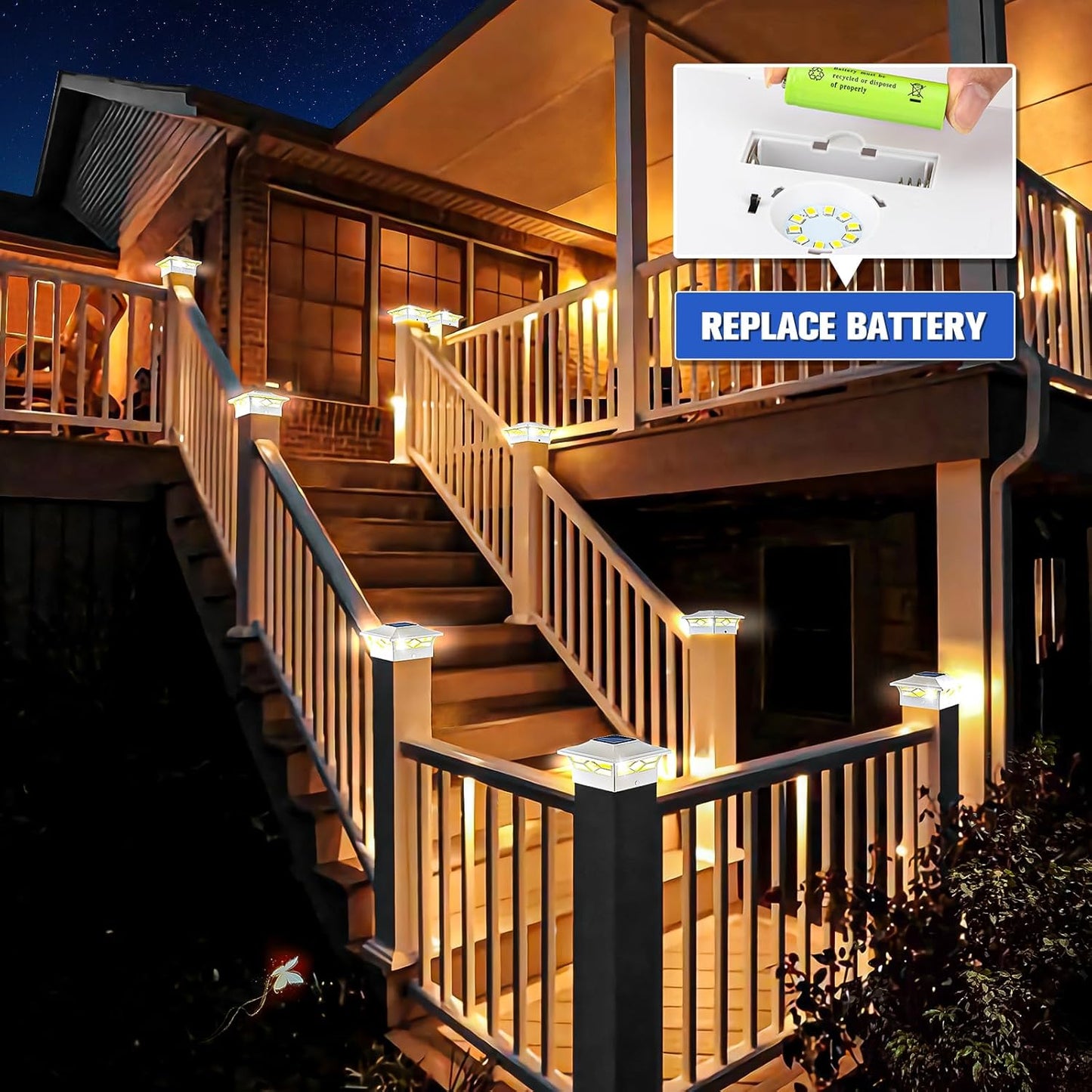 Solar Post Cap Lights 6-Pack - Waterproof LED Outdoor Lighting for 4x4 & 6x6 Decks, 2 Color Modes