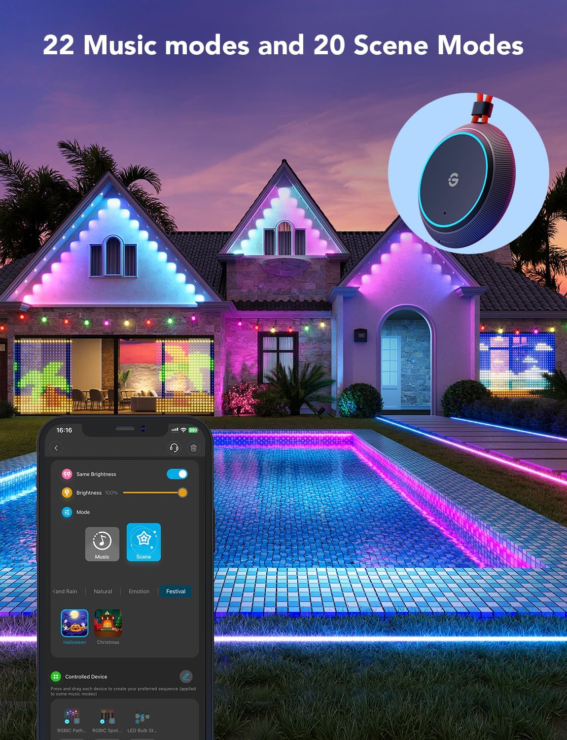Govee Outdoor Light Show Box - Bluetooth Music & Scene Modes, IP65 Waterproof, Battery Powered
