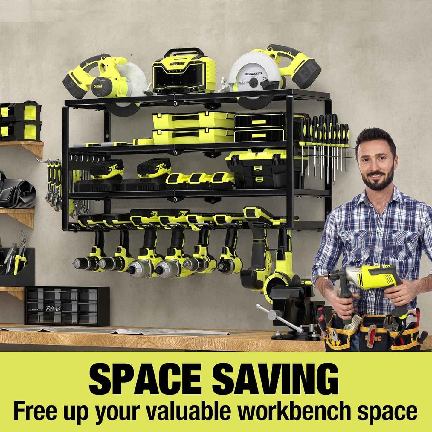 32-Inch Wall-Mounted Power Tool Organizer with Charging Station & 8 Slots for Garage