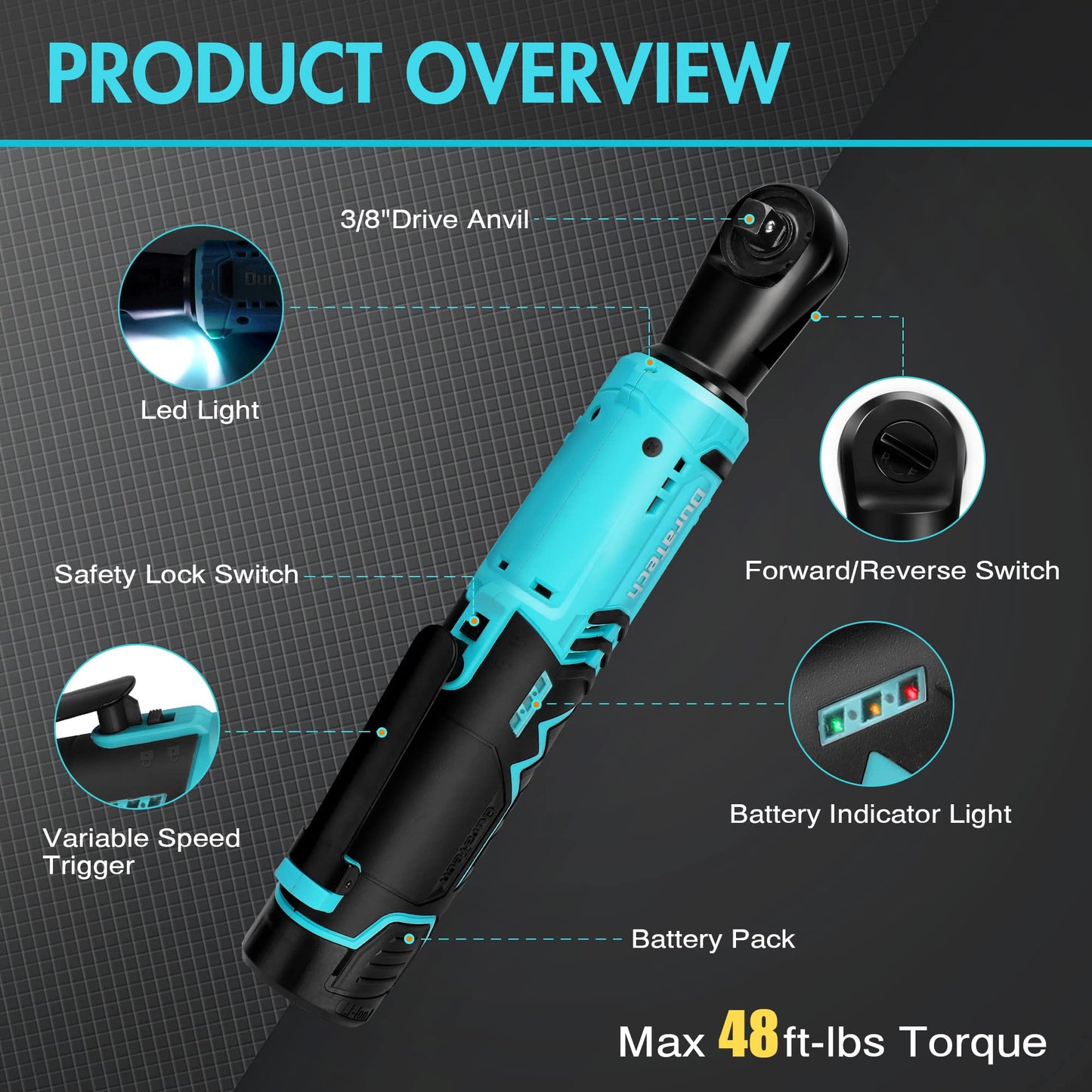 DURATECH Cordless Electric Ratchet Wrench Set, 48 Ft-lbs 3/8" 12V Power Ratchet Wrench with 2PCS 2.0Ah Li-Ion Battery, 1 Hour Fast Charger, 8PCS Sockets, Extension Bar, Adaptor, Variable Speed Trigger