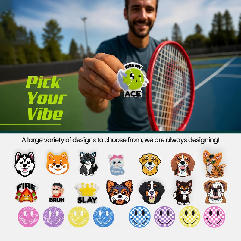 TRESSIS Tennis Racket Dampener - Cute Fun Designs - Vibration & Noise-Reducing Tennis Shock Absorber for Racquets - Secure, Easy-Install Accessories for Players of All Levels