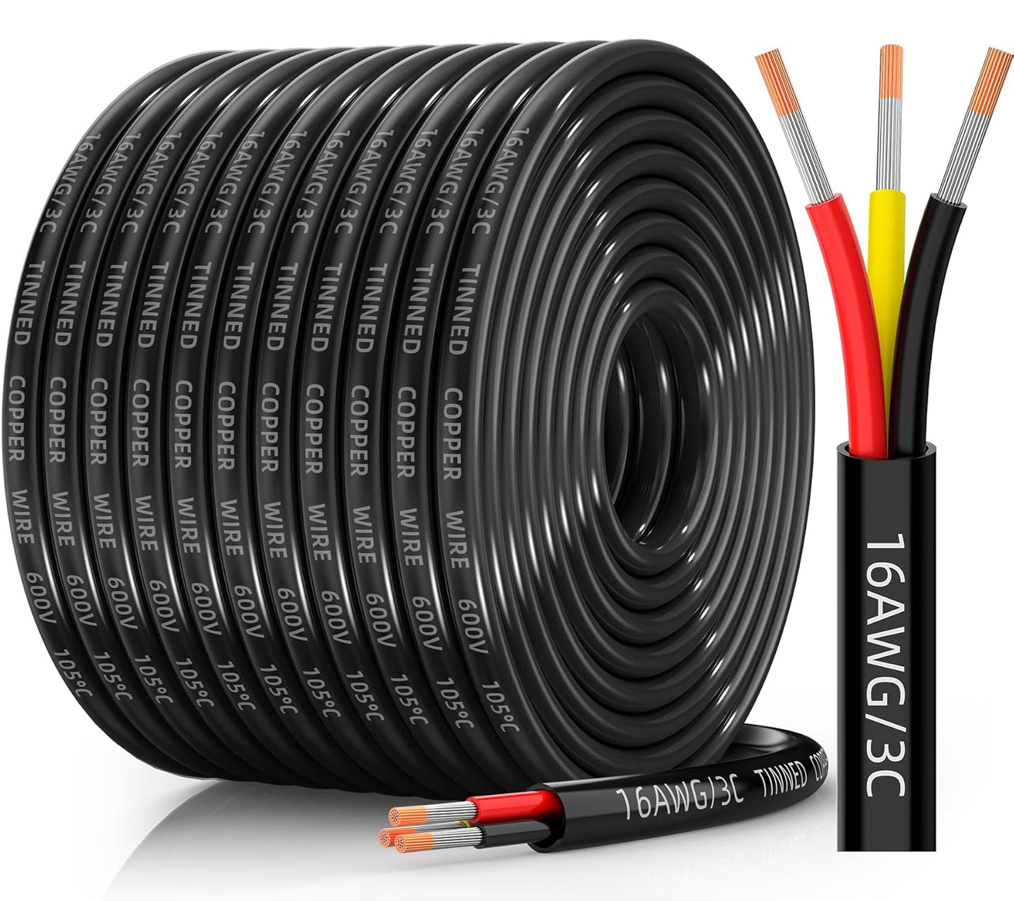 16 AWG Tinned Copper 3-Conductor Electrical Wire - Waterproof PVC Cable for Automotive, Marine & Solar (100FT)