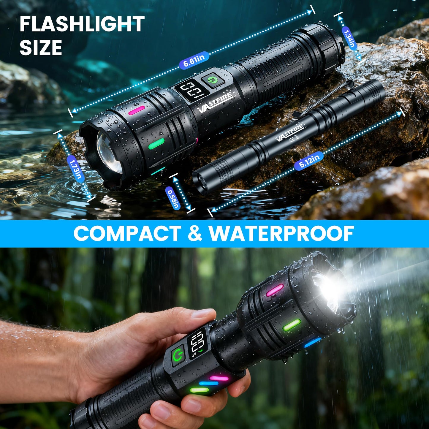 VASTFIRE Rechargeable Flashlights High Lumens Long Range 5000ft, Super Bright LED Flashlight with LCD Display, USB Long Lasting High Powered Handheld Flash Light for Camping Hiking Emergency