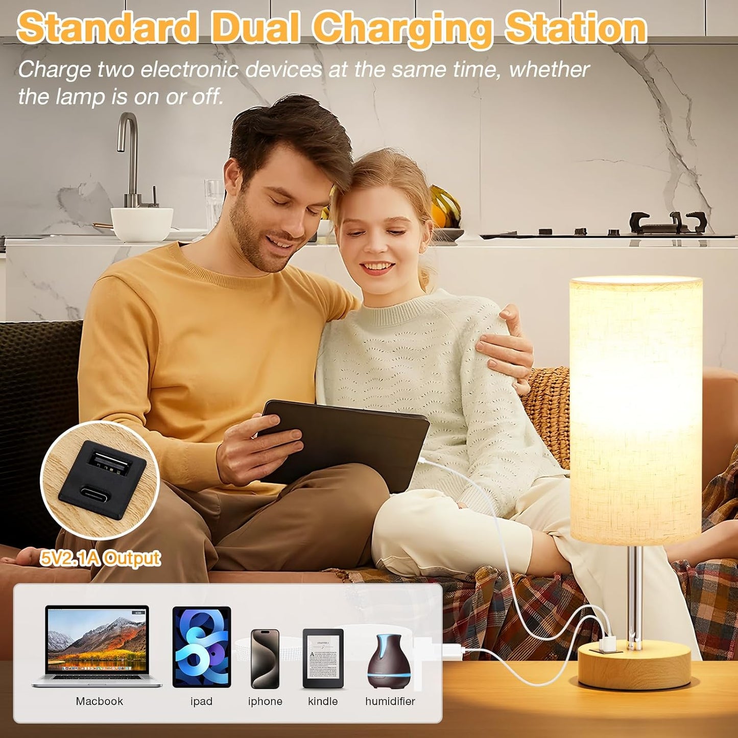 Touch Bedside Lamps Set of 2 - Dimmable Table Lamps with Wooden Charging Station for Bedroom & Kids Room