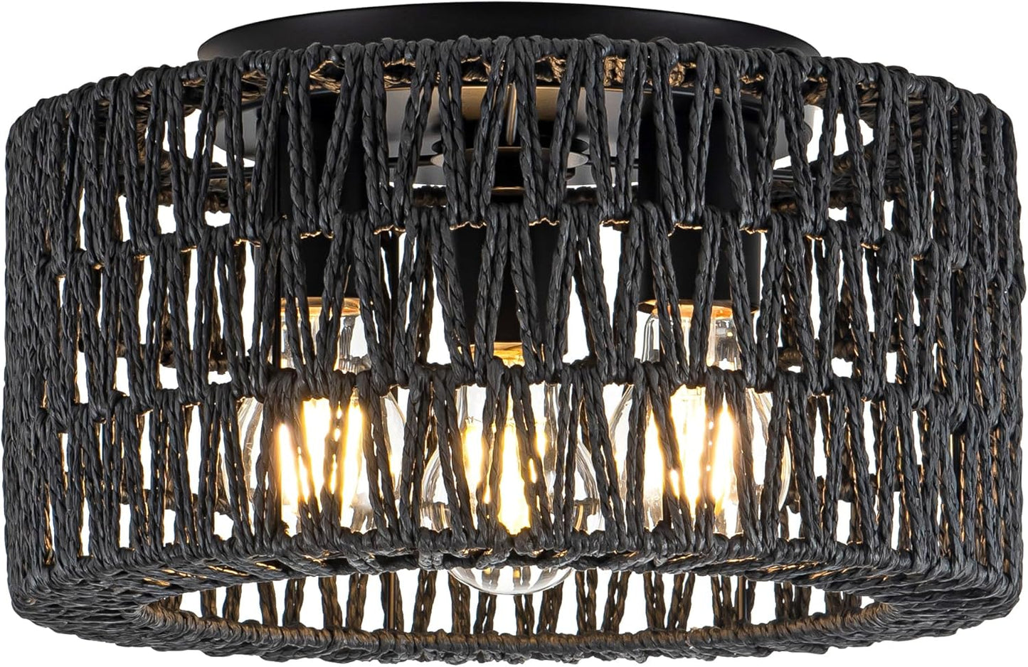 Bohemian Rattan Ceiling Light Fixture - 3-Light Woven Flush Mount for Bedroom & Living Room