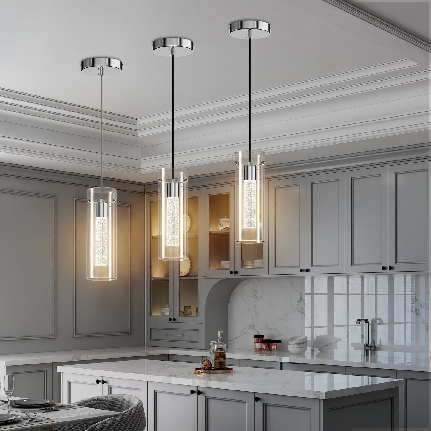 Aipsun Pendant Lights Kitchen Island 3 Pack Crystal Bubble Glass Hanging Light Fixtures 3000K Modern LED Kitchen Pendant Lighting Fixtures Ceiling