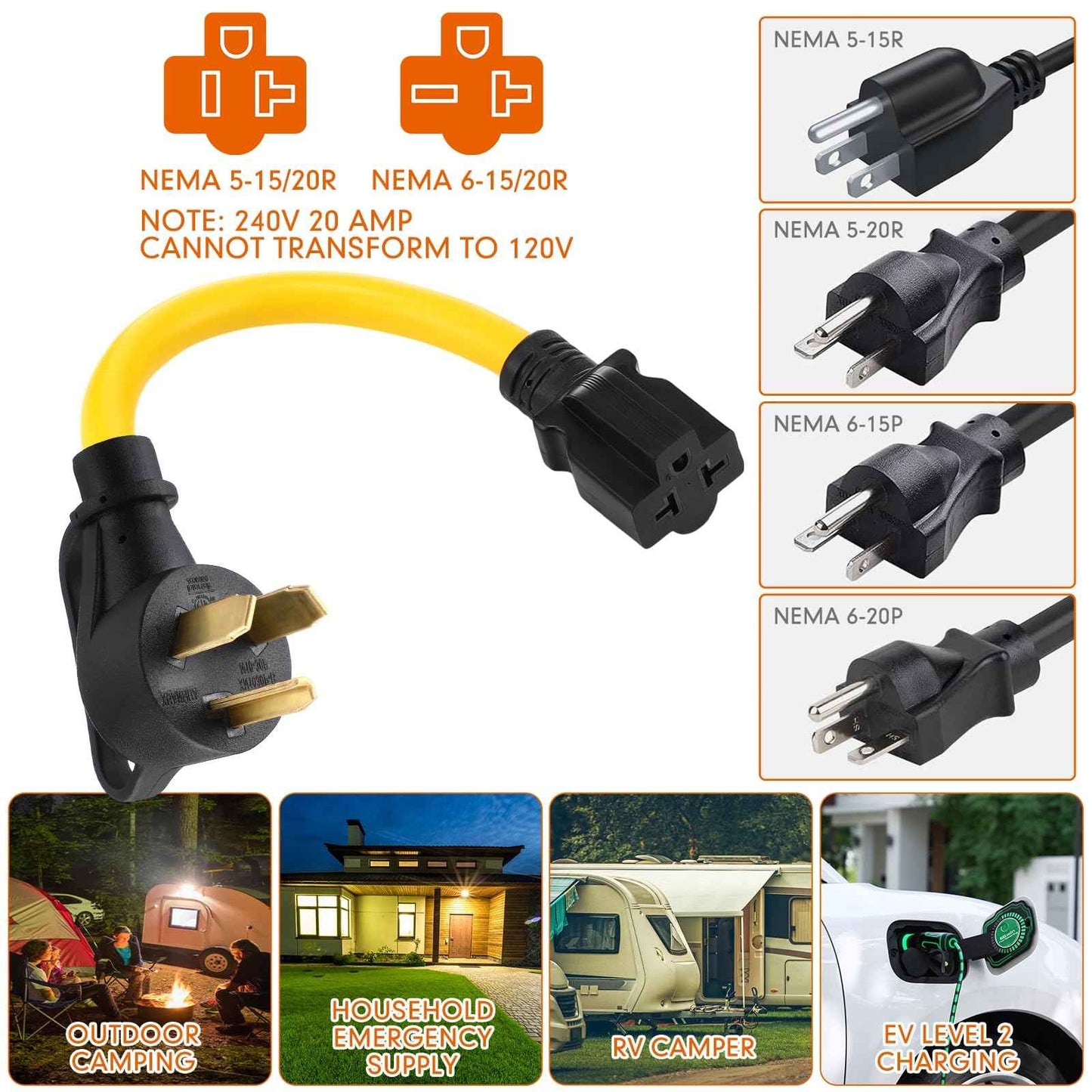 Tellegloww 30 Amp to 20 Amp Dryer to EV Charger Adapter compatible with NEMA 10-30P to 5-15/20R or 6-15/20R, 30Amp 3 Prong Dryer Plug 10-30P to 240V 6-20R 6-15R 5-15R 5-20R T-Blade for EV Charging