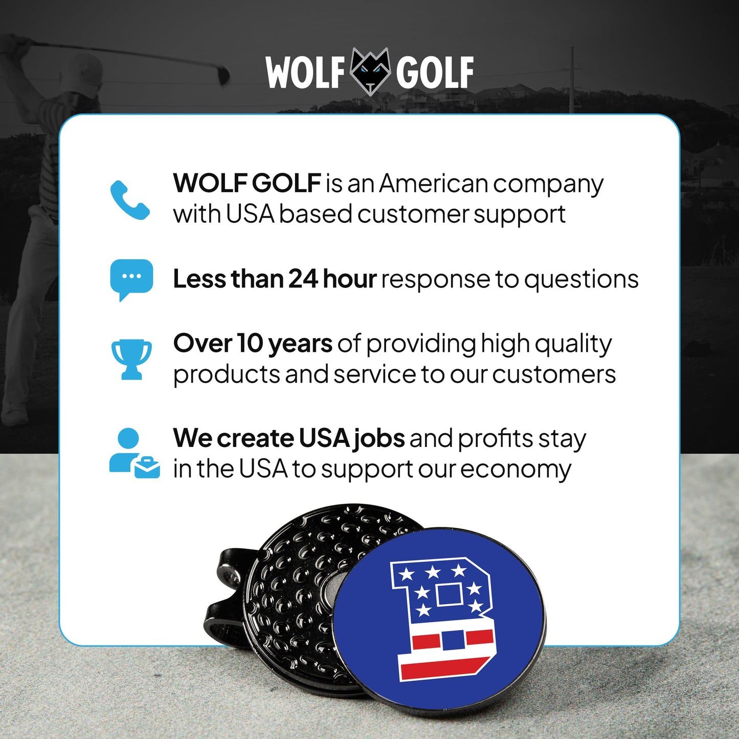 Wolf Golf Towels Golf Ball Marker Hat Clip | USA Monogram | 1 Magnetic Clip + 3 Ball Markers | Patriotic Golf Accessories for Men & Women