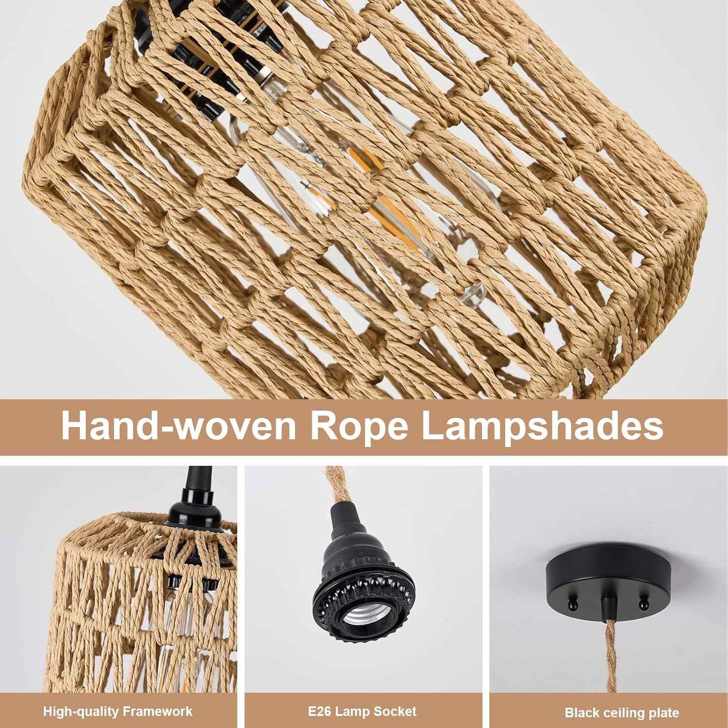 Boho Rattan Pendant Light with 3 Bulbs & 22ft Cord - Woven Hanging Chandelier for Bedroom, Kitchen, Hallway