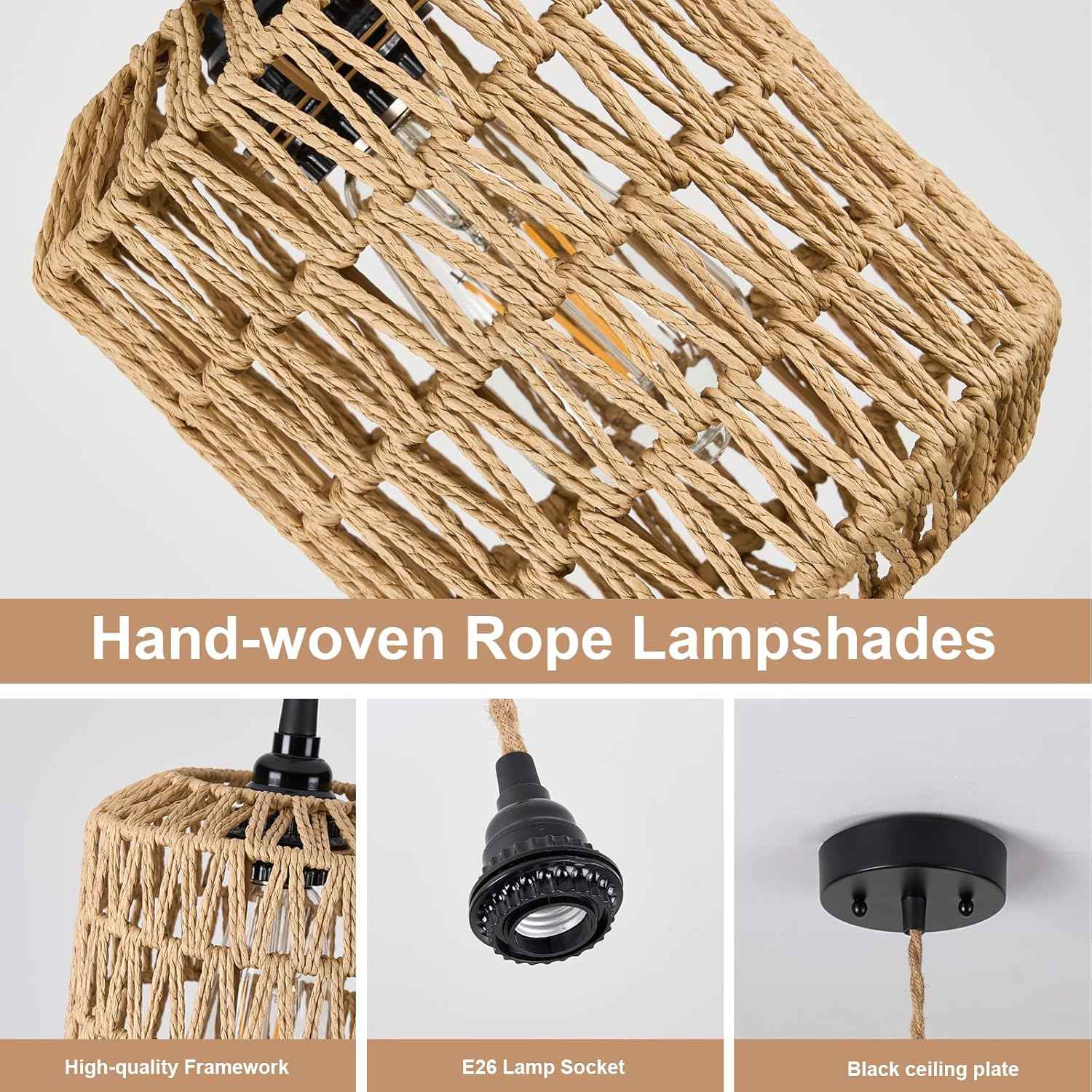 Boho Rattan Pendant Light with 3 Bulbs & 22ft Cord - Woven Hanging Chandelier for Bedroom, Kitchen, Hallway
