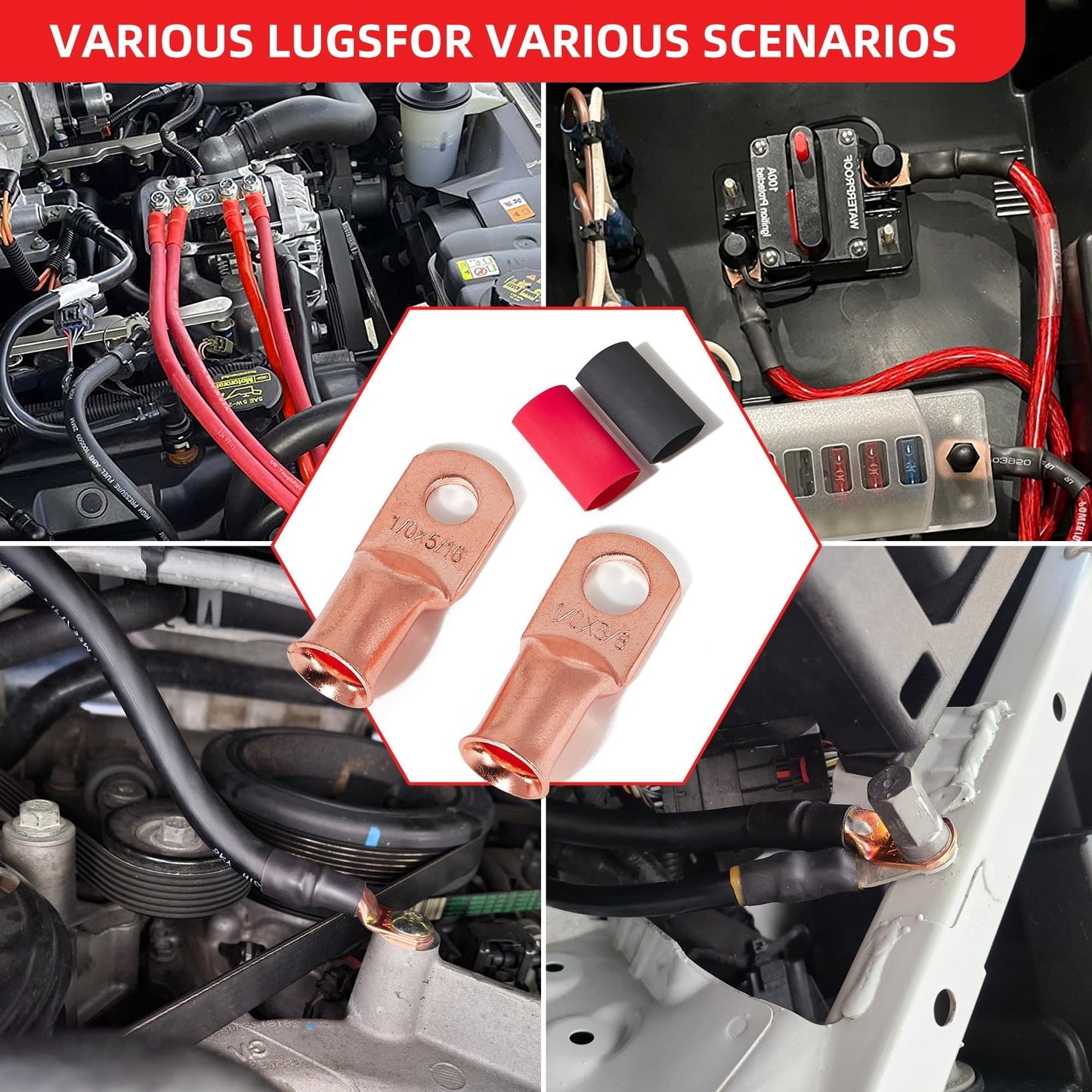 RED WOLF 10 Pack 8 Gauge x 3/8" Copper Wire Ring Terminals Connector Lug Battery Cable Ends Stud W/3:1 Heat Shrink Tubing Tube Black & Red Each 5 PCS for Electrical Vehicle Boat Marine