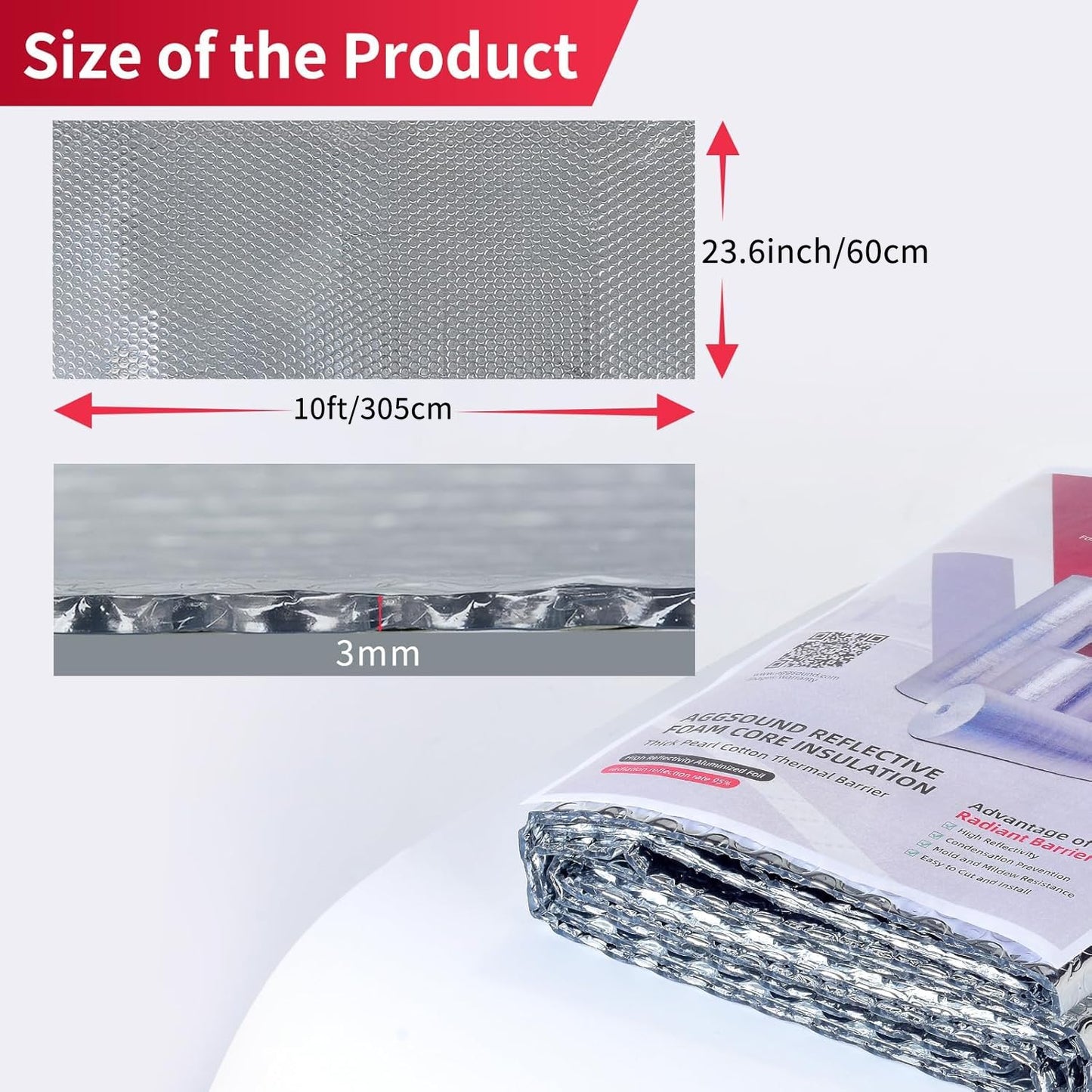 Aggsound Reflective Insulation Aluminum Foil Sheets 23.6 in X 10ft, Bubble Wrap for Packing Attic Door Insulation Cover, Window Tint for Home Heat Blocking, Window Film, Garage Door Screen,3mm