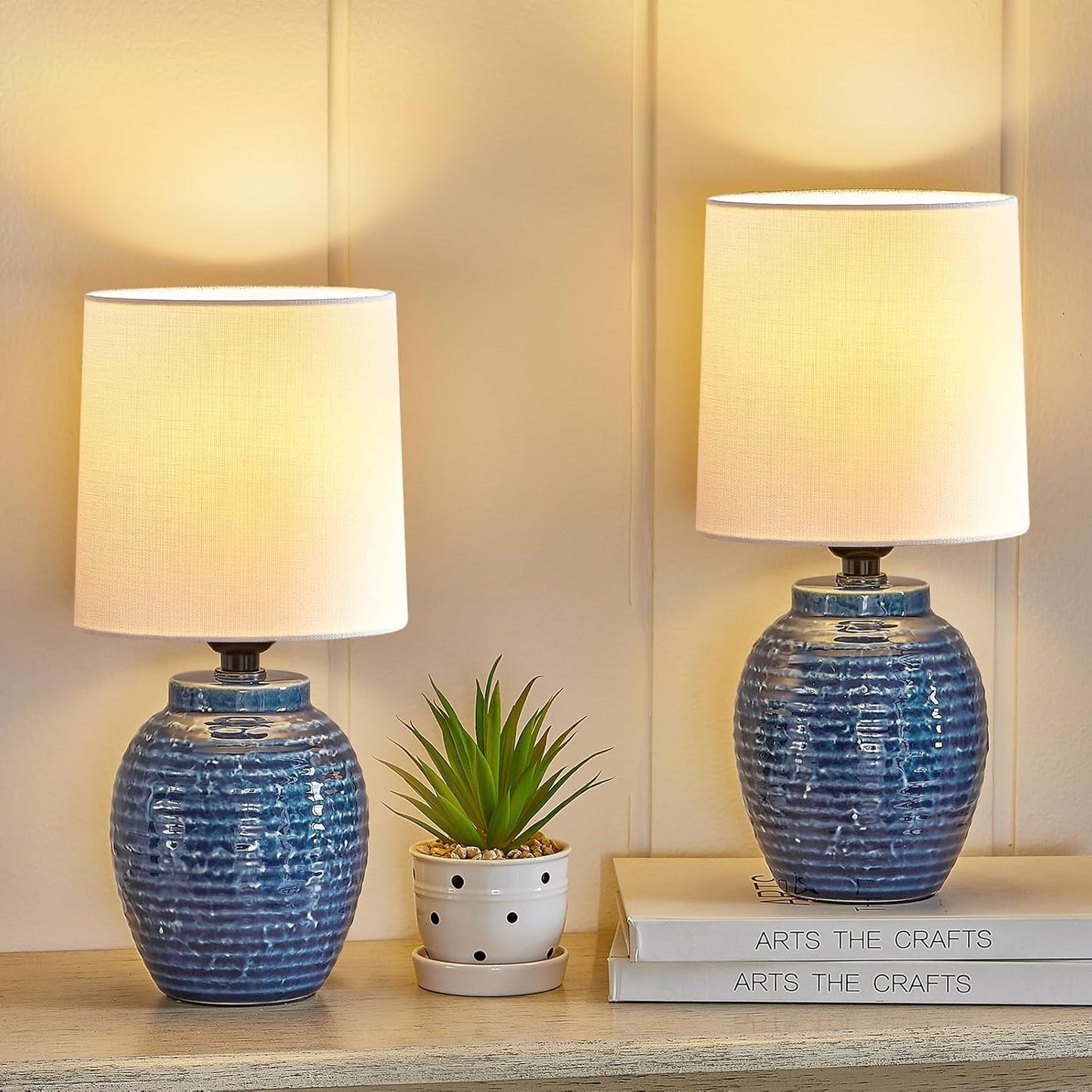 Boho Table Lamps Set of 2 - 13.5" Rustic Ceramic Bedside Lamps for Bedroom & Living Room