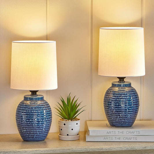 Boho Table Lamps Set of 2 - 13.5" Rustic Ceramic Bedside Lamps for Bedroom & Living Room