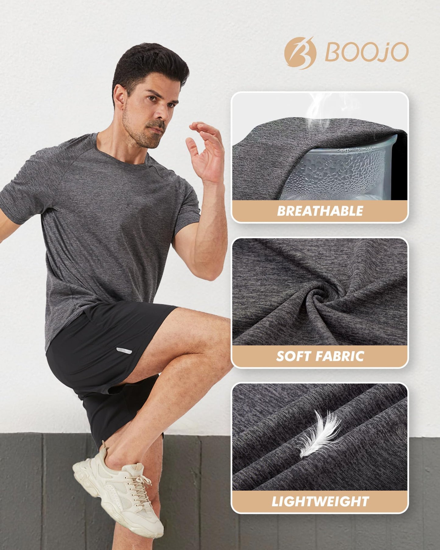 BOOJO 3 Pack Workout Mens Shirts - Quick Dry Causal Moisture Wicking Work Gym Athletic Short Sleeve for Running Sport Lounge