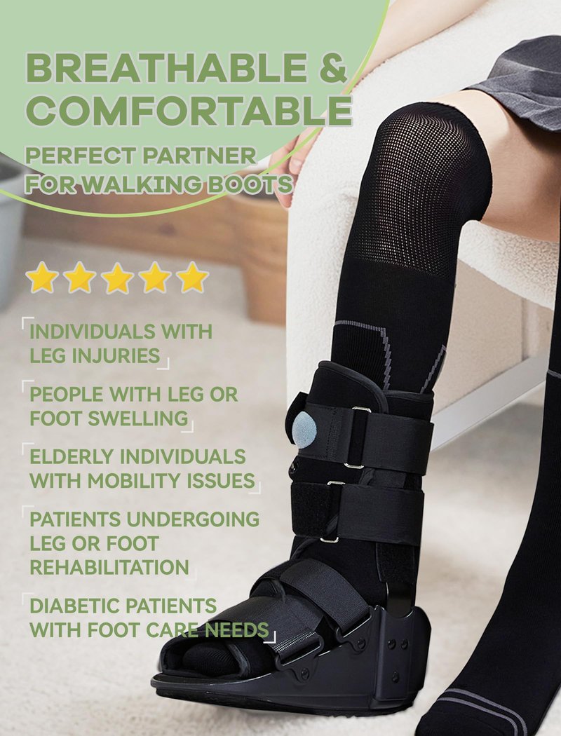 SONORAN Bamboo Viscose Walking Boot Socks (2 Pairs) Lightweight Replacement Sock Liner for Medical Tube Cast Socks to Wear Under Air Cam Walkers and Leg or Foot Fracture Boot Black