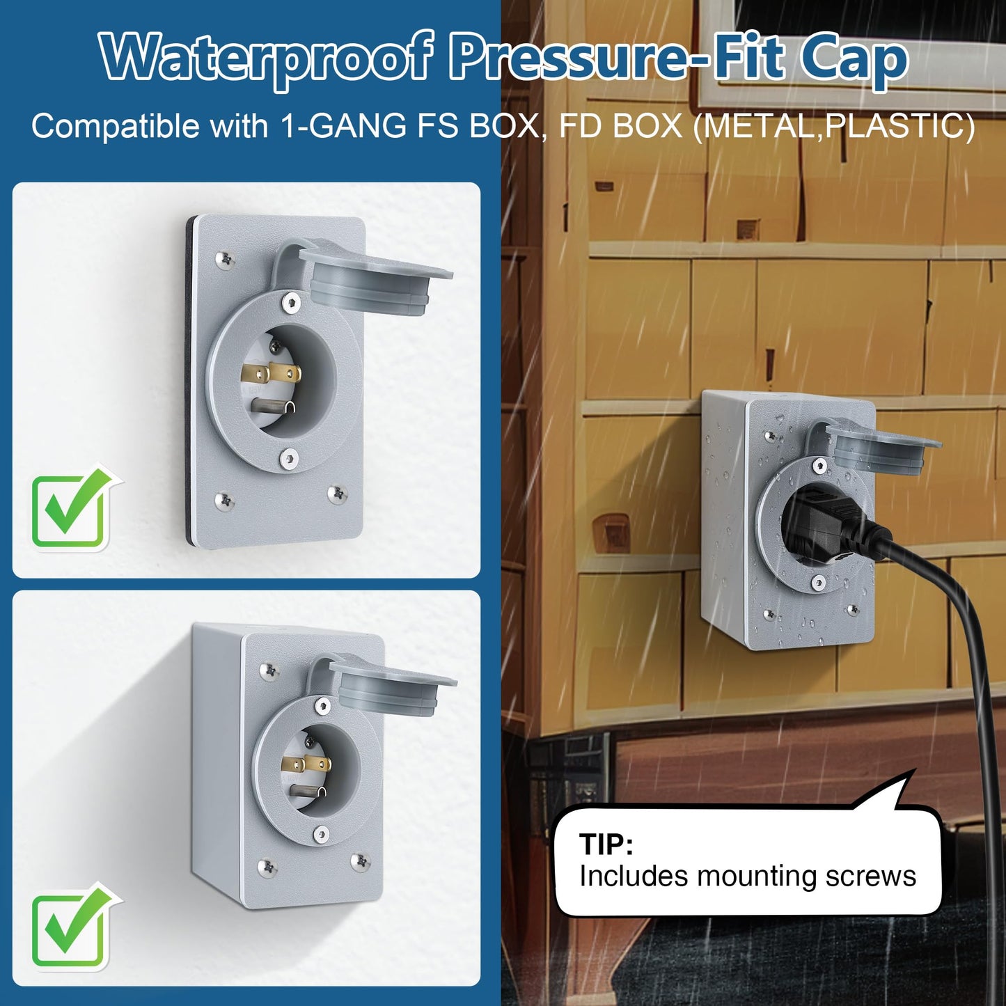 1 Pack 15 AMP Straight Blade Flanged Male Power Inlet Receptacle, 15 A, 125V NEMA 5-15P Integrated Nylon Faceplate Body and Rubber Waterproof Cover Electrical Outlet for Home/car/Boat/RV Inlet (Grey)