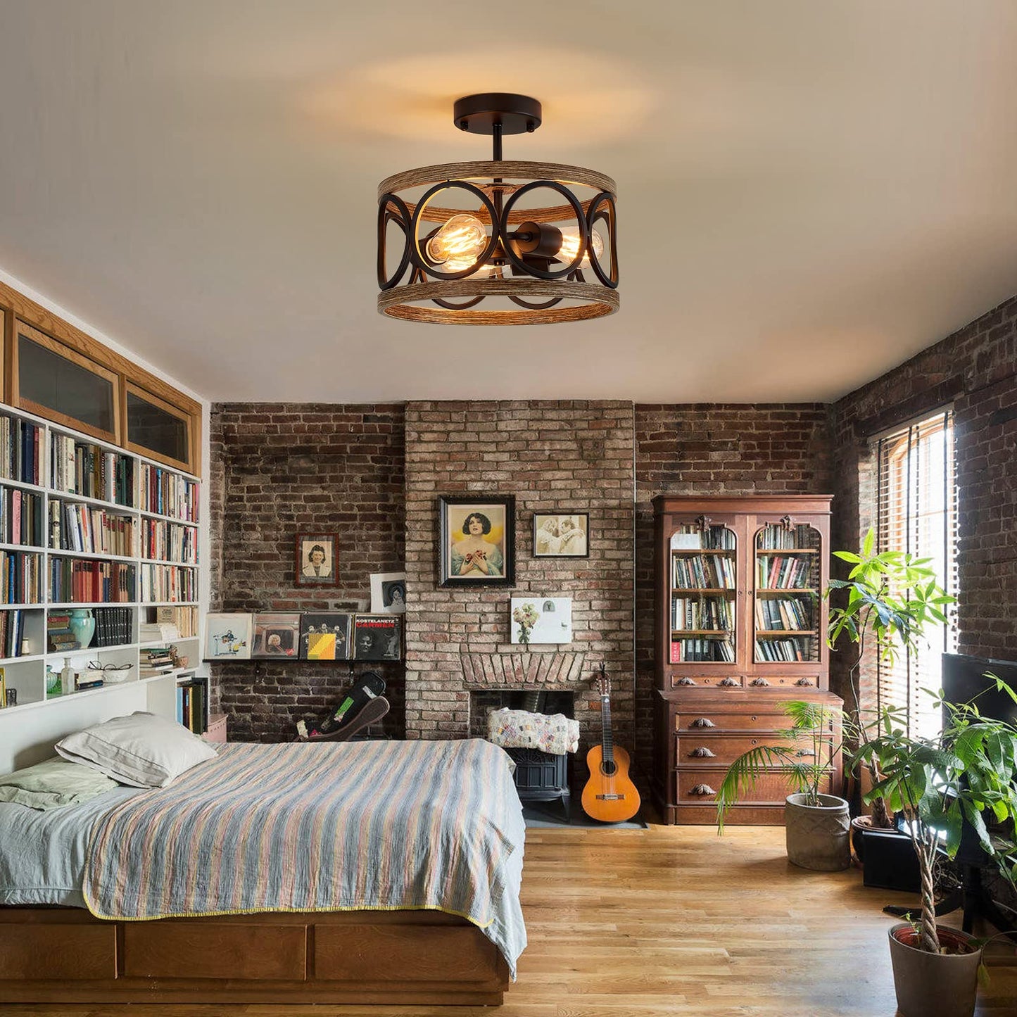 MEIXISUE Semi Flush Mount Modern Farmhouse Ceiling Light Fixtures,3-Lights Black and Retro Wood Finish,Drum Shade Rustic Light Fixtures for Entryway Hallway Foyer Kitchen Dining Room Bedroom