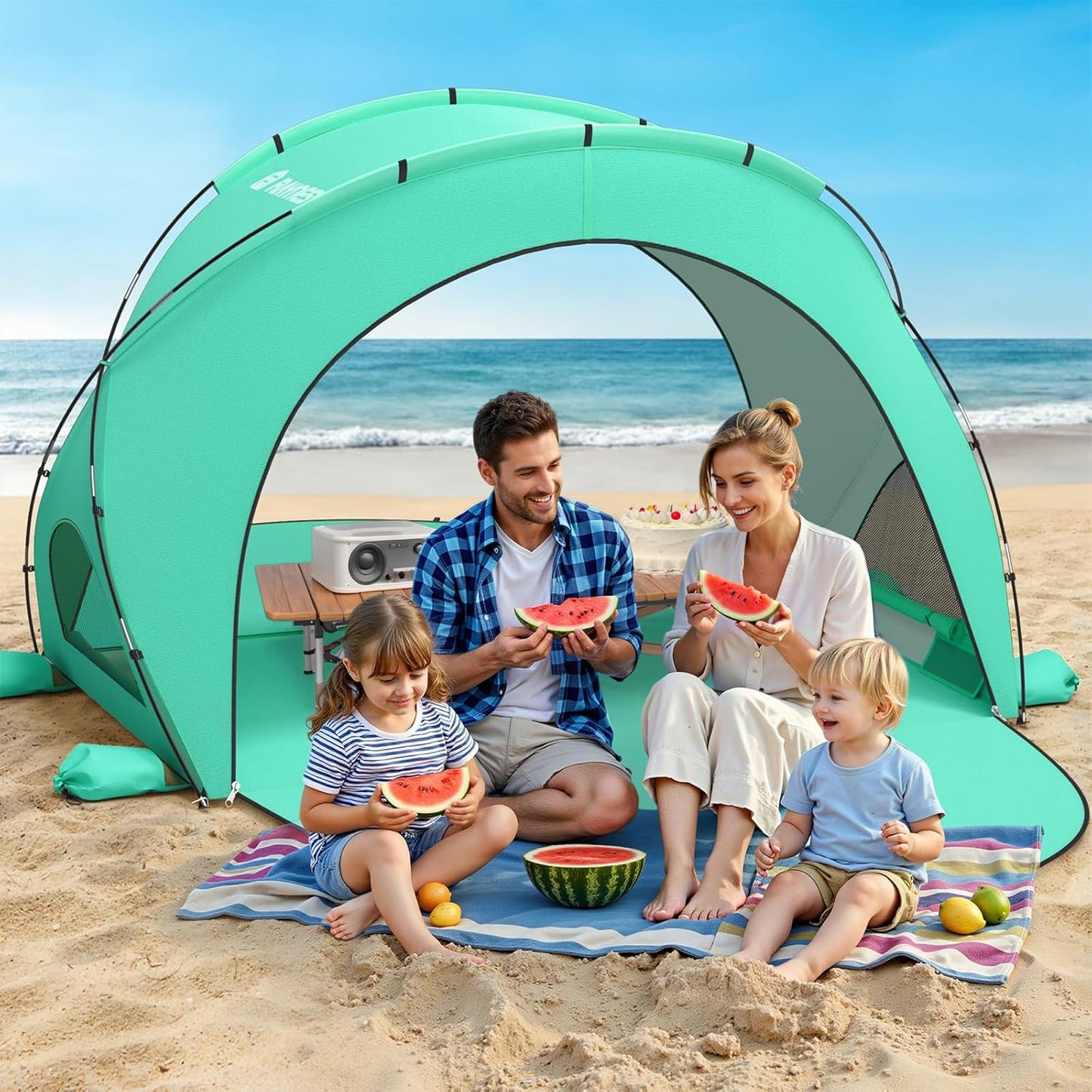 Raynesys Beach Tent - Portable Sun Shelter for 1-4 People | Green Shade with 2 Zippered Doors