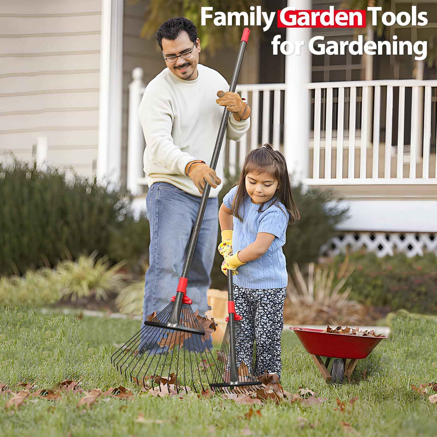 Rake, Adjustable Rakes for Leaves with 9”-17” Head, Rakes for Lawns Heavy Duty, 60 in Garden Rake with 18 Clog-Free Tines, Long Handle, Metal Gardening Tool, Fast Cleanup, Easy Carry for Camping