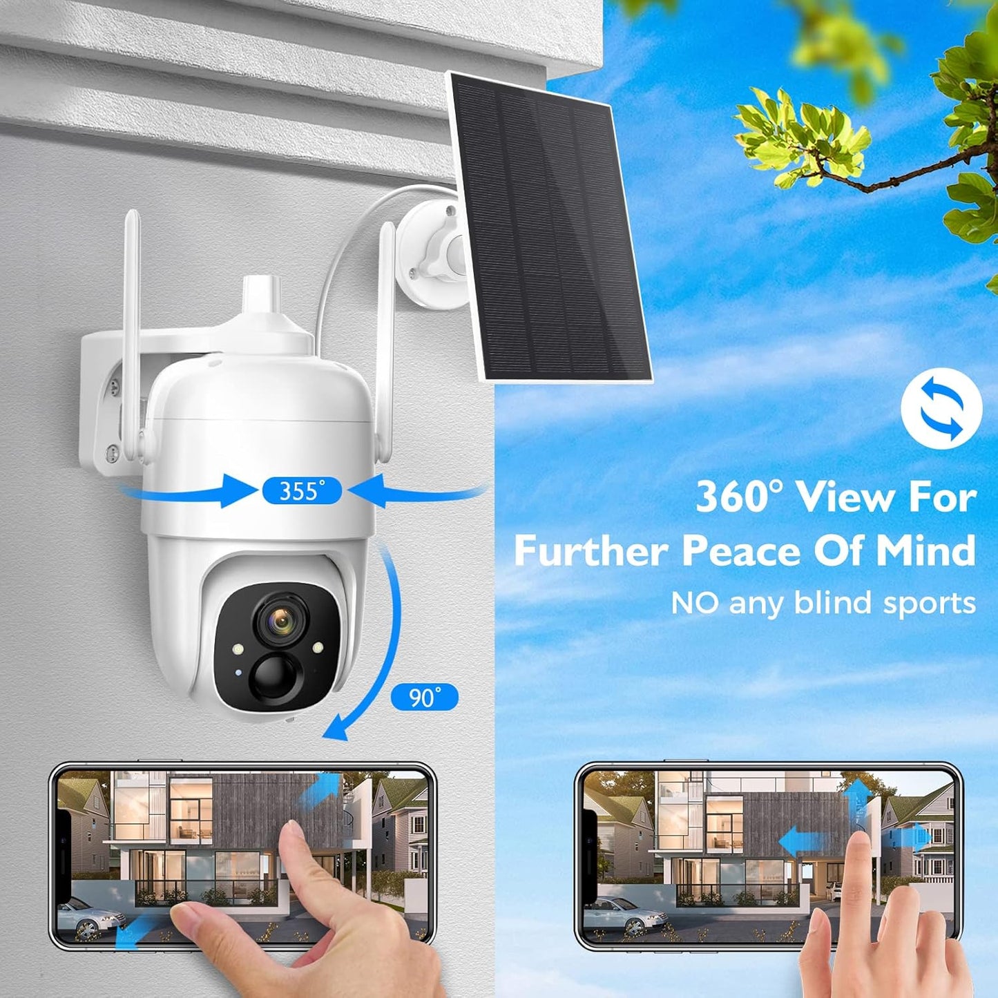 Wireless Solar Security Camera 2K 3MP PTZ - 355° View, Color Night Vision, IP65 Waterproof