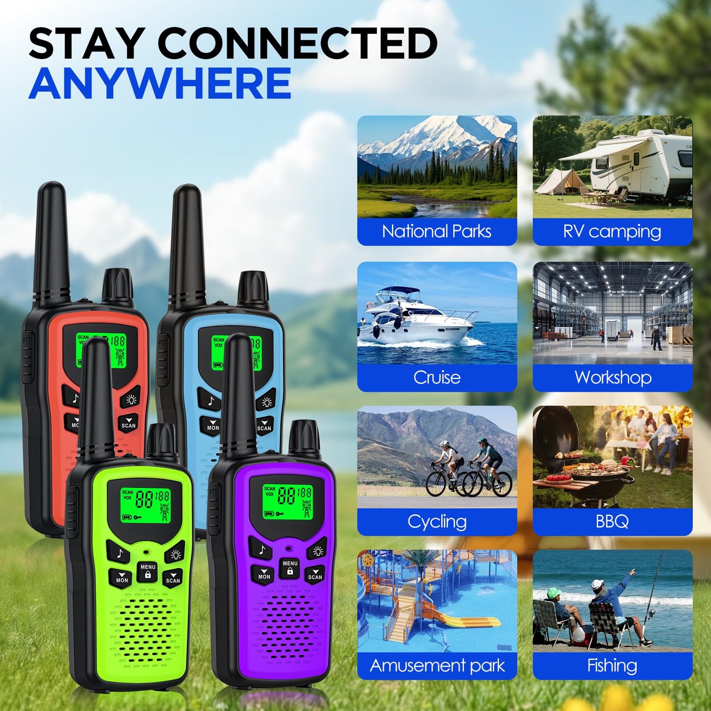 Walkie Talkies for Adults Long Range,Rechargeable Walkie Talkies with 22 FRS Channels,Two Way Radios with LED Flashlight for Hiking Cruises Camping,4 Pack