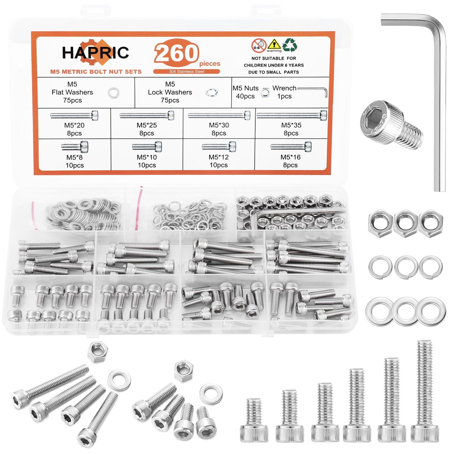 260 Pcs M5 Screws Assortment Kit, M5 Bolts Kit M5x 8/10/12/16/20/25/30/35mm, 304 Stainless Steel Hex Socket Head Screws Nuts Bolts and Washers Set