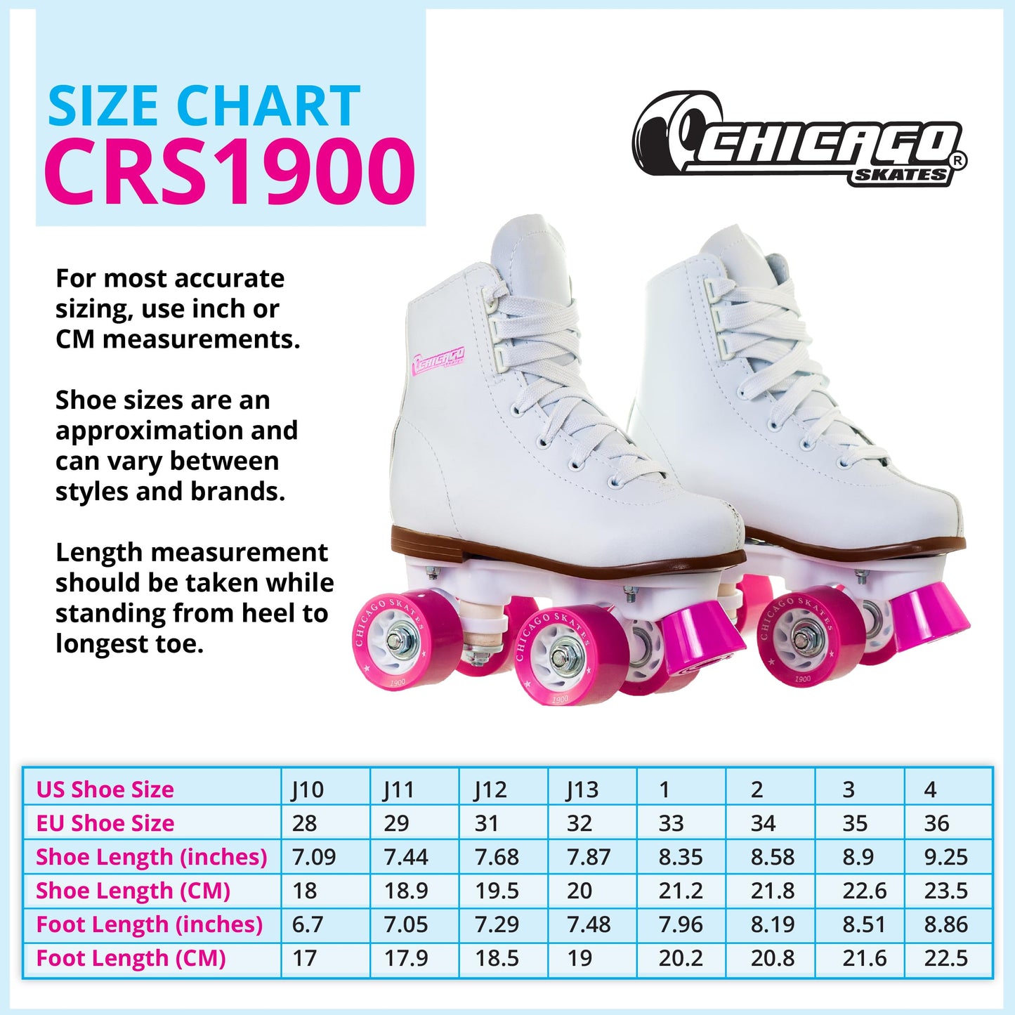 Chicago Girls Rink Roller Skates – Classic High-Top Quad Skates, Padded Ankle Collar, 54mm Urethane Wheels, Adjustable Trucks, Indoor & Outdoor