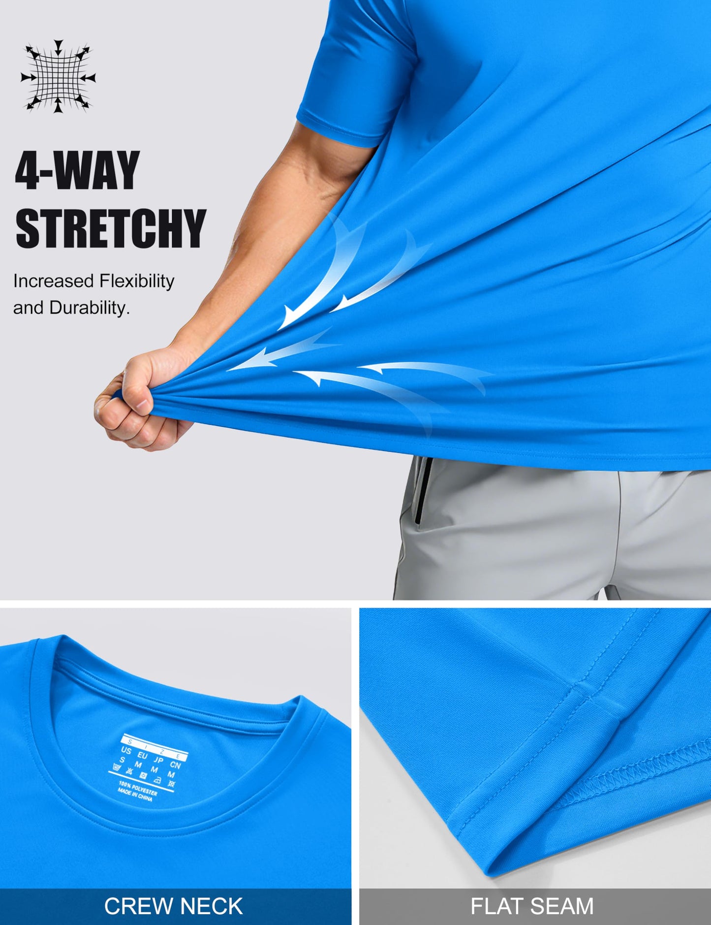 Mens Short Sleeve T Shirts Dry Fit Summer Shirts Ultra Lightweight UV Protection Hiking Shirts Athletic Jersey Active T-Shirt Azure