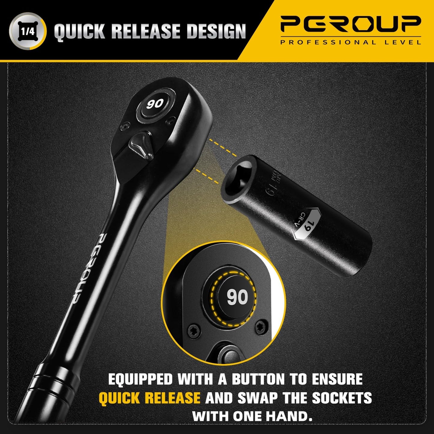 pgroup 1/4-Inch Drive Ratchet Wrench, 90 Tooth Reversible Ratchet, 4-Degree Swing, Ergonomic Handle, Chrome Alloy Made, Quick Release Ratchet Wrench for Repairing, Home, DIY