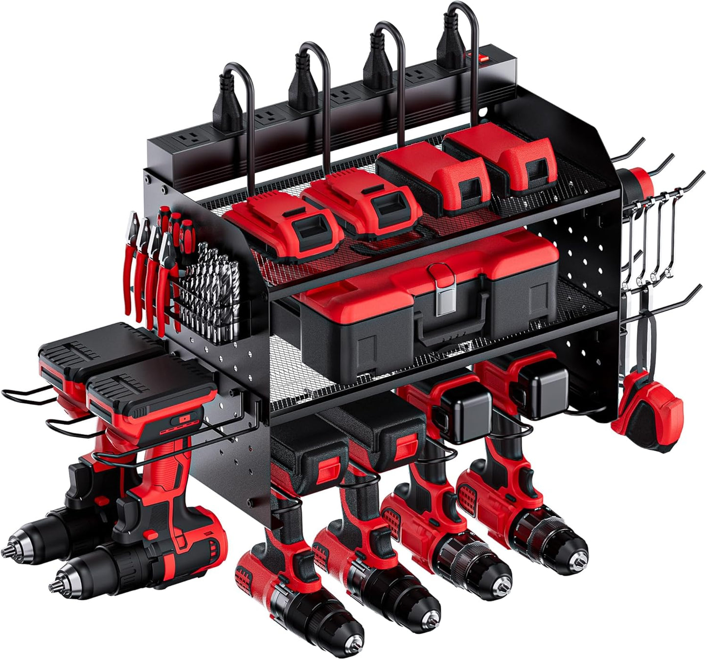 Power Tool Organizer Wall Mount - 3-Layer Charging Station with 8 Outlets & 6 Drill Holders - Efficient Garage Storage Solution (Black)