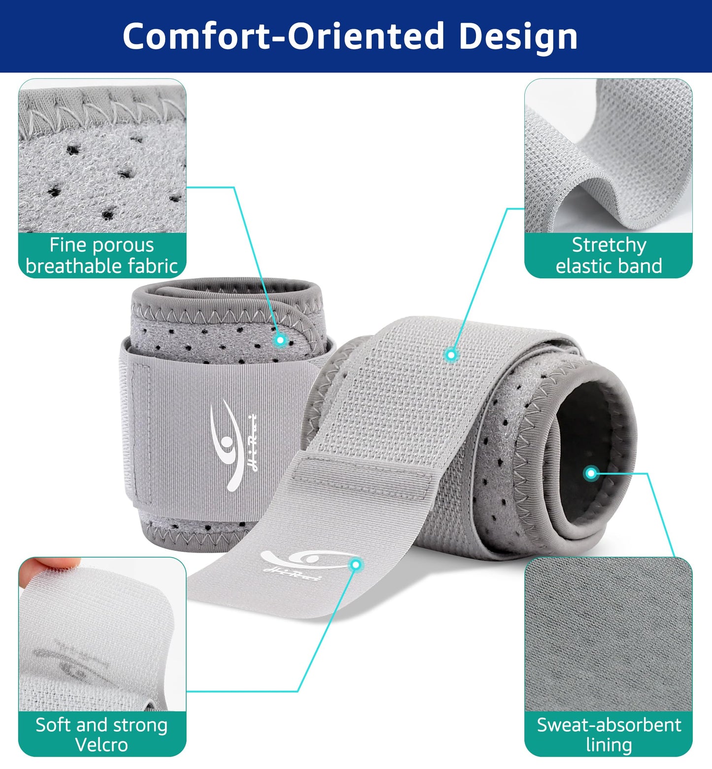 HiRui Wrist Brace (2 PCS) - Adjustable Compression for Carpal Tunnel Arthritis Tendonitis Sprain Pain Relief | Wrist Support Wrist Wraps for Both Hands, Ideal for Sports & Gym Workouts (Gray)