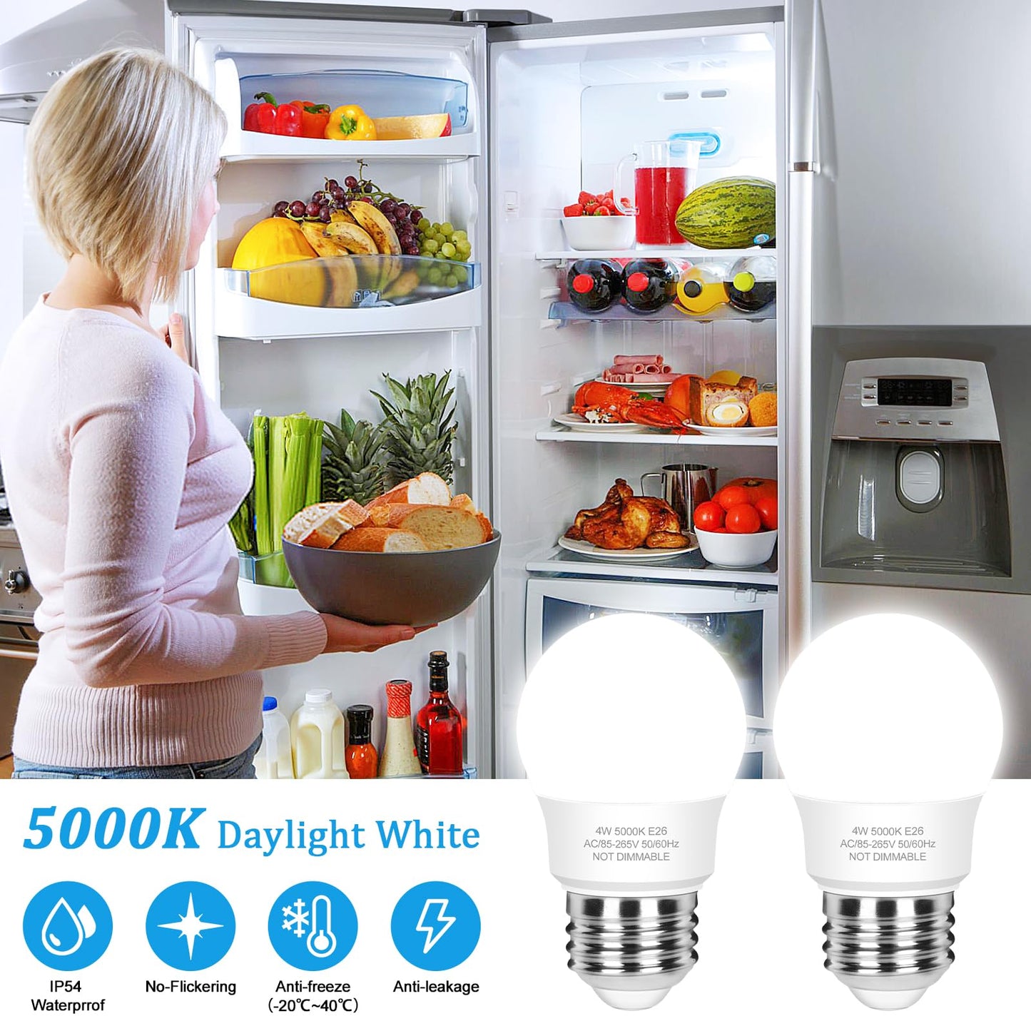 3-Pack A15 Refrigerator Light Bulb 40W Equivalent, 120V Fridge Waterproof LED Bulbs 4W Daylight White 5000K, E26 Base Freezer Home Lighting, Non-dimmable