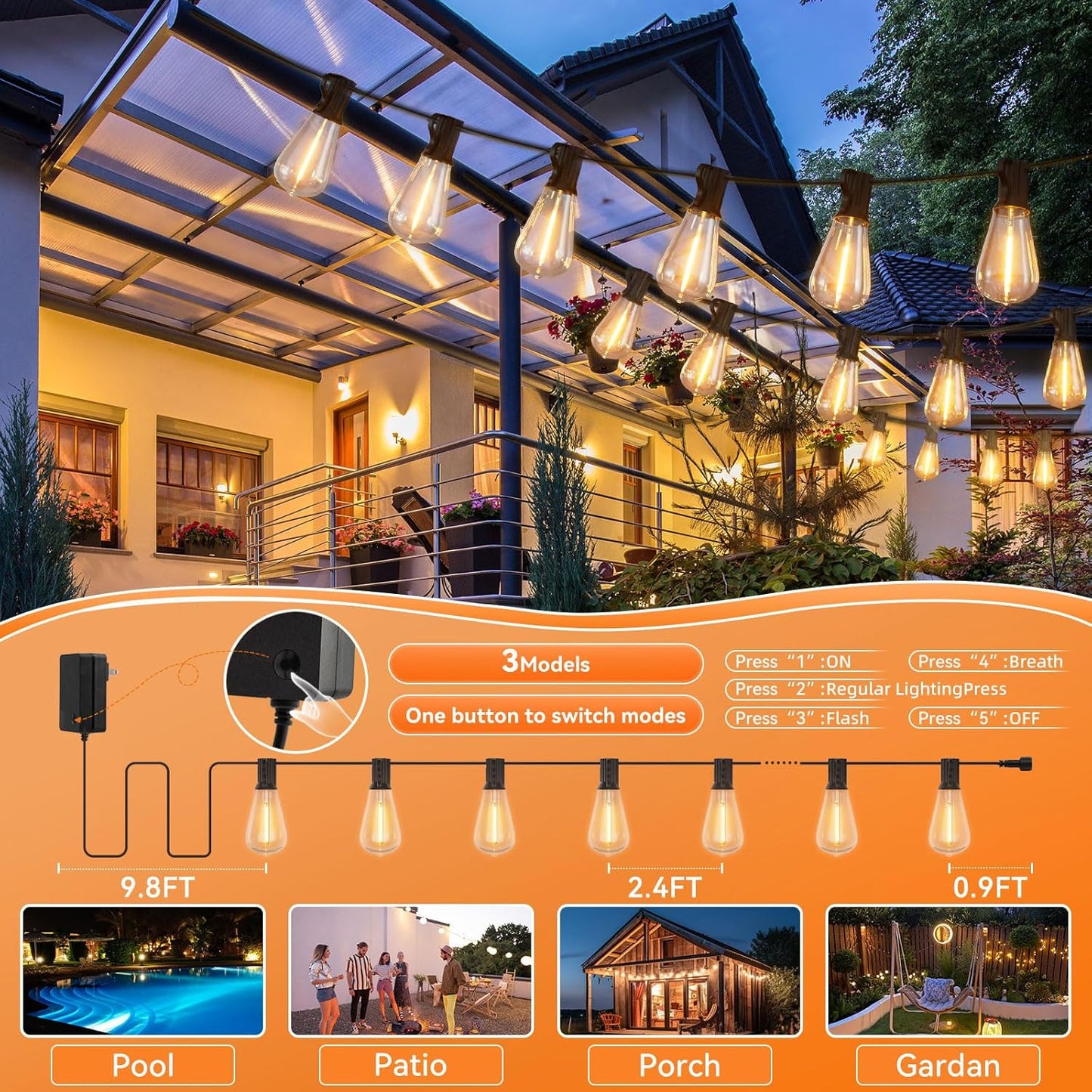 100 FT Waterproof Outdoor String Lights with Dimmable ST38 LED Bulbs - Shatterproof, 3 Light Modes for Patio & Backyard