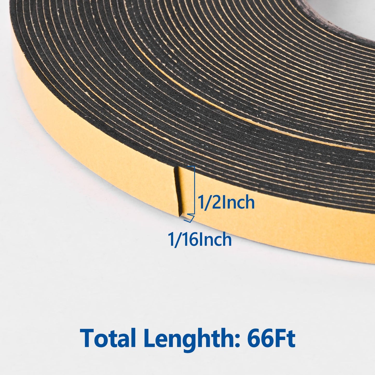 Self Adhesive Foam Tape Weatherstrip 1/2in x 1/16in x 66Ft High Density Foam Insulation Strips Foam Seal Weather Stripping with Strong Adhesive for Door and Window Sound Isolation Soundproofing