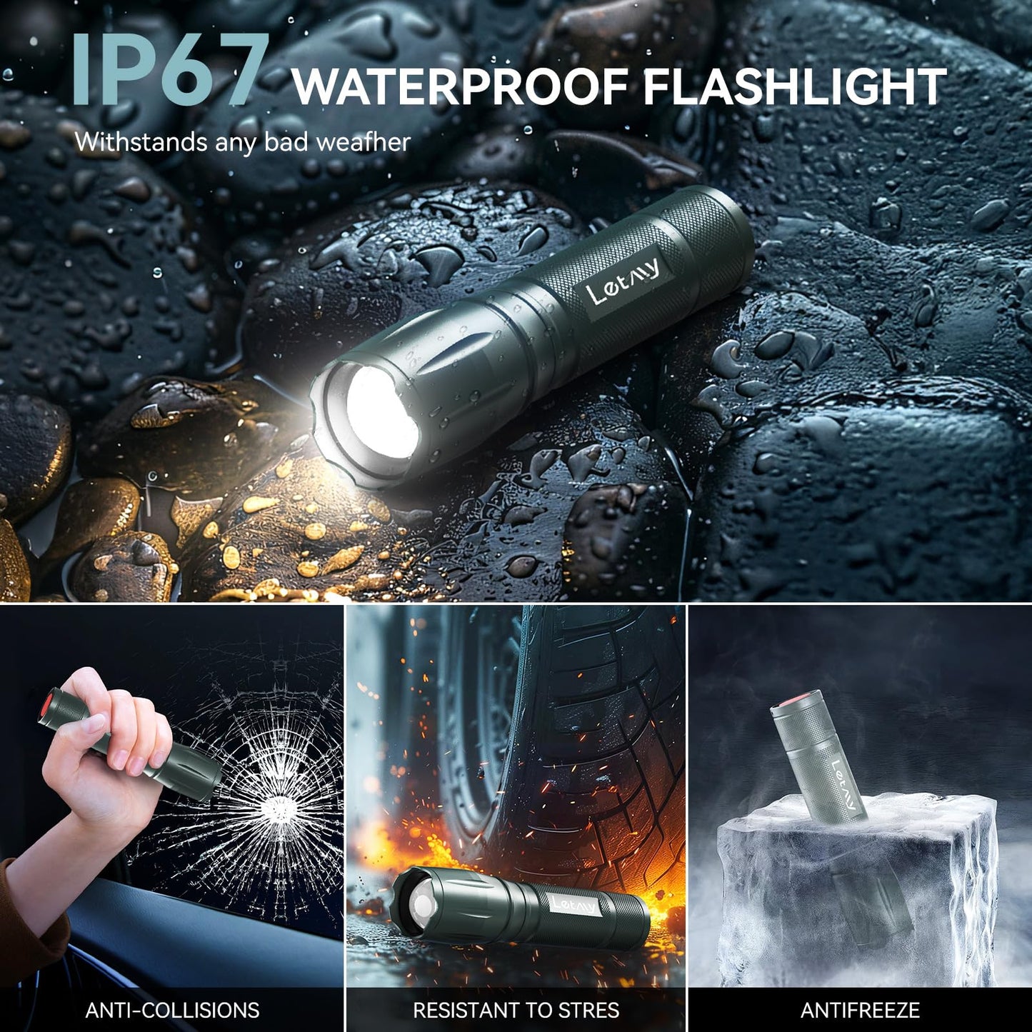 LETMY Tactical Flashlight - 2 Pack Bright Military Grade LED Flashlights High Lumens - Portable Handheld Flash Light, 5 Modes Zoomable Waterproof Flashlights for Home Emergency Camping- Gray