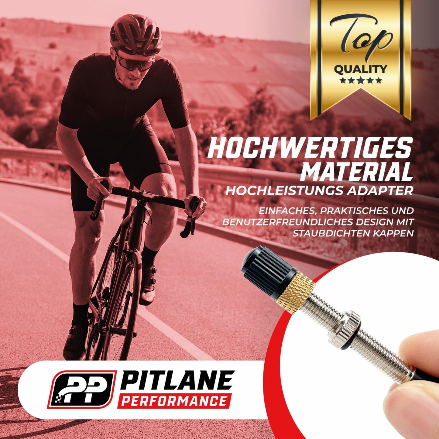 Pitlane Performance® Bike Valve Adapter Set – Brass Adapters for Presta Valves – 2 Presta-to-Schrader Adapters + 2 Valve Caps for Bicycles, E-Bikes & Scooters (Set of 5 (Including Keychain))