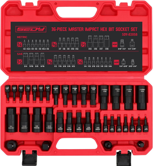 36-Piece Hex Bit Impact Socket Set with Adapters - SAE & Metric, Heavy Duty Storage Case