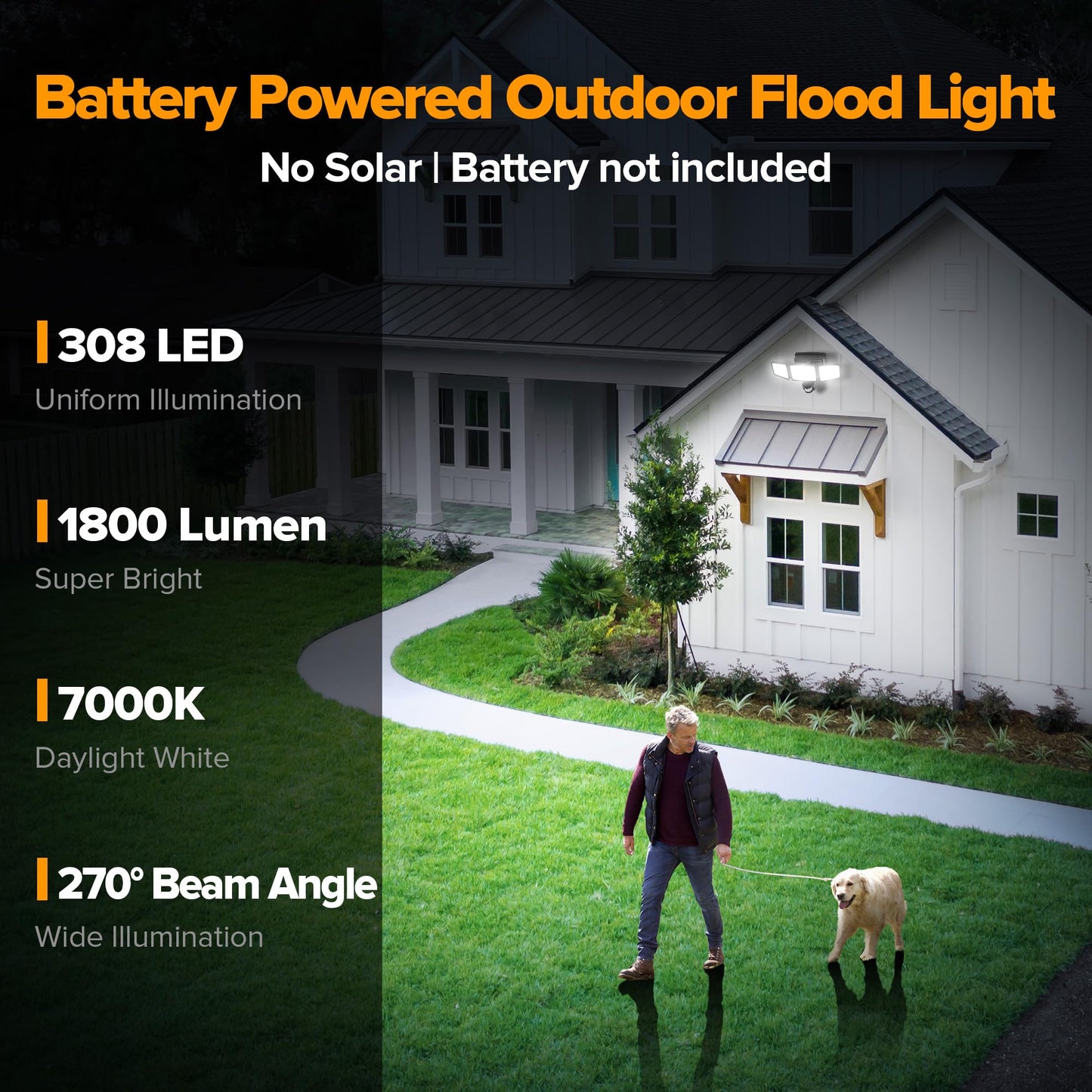 UME Battery Powered Motion Sensor Outdoor Lights 302 LED 1800LM, IP65 Waterproof Battery Operated Flood Lights Outdoor, 3 Heads Security Motion Light with 3 Modes for Garden Patio Yard