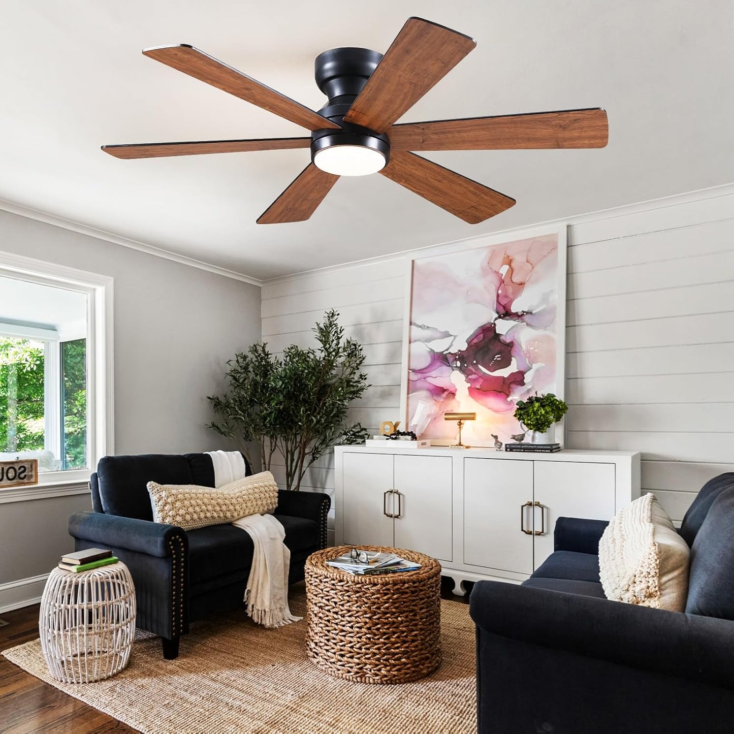 46” Black Low Profile Ceiling Fan with Lights & Remote Control - Dimmable, Noiseless, Reversible for Bedroom
