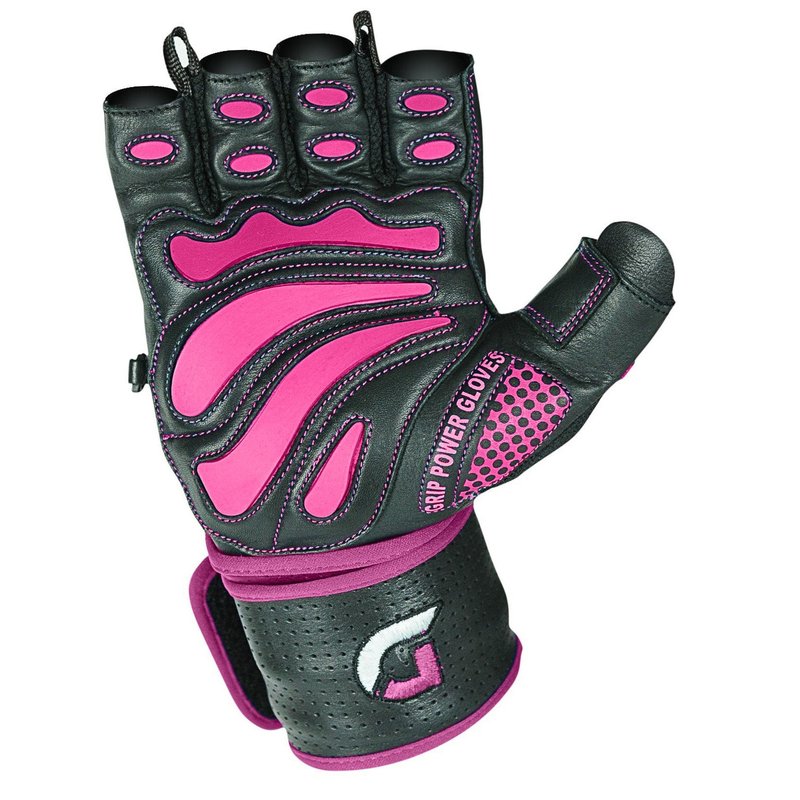 Grip Power Pads Women's Elite Leather Gym Gloves, 2" Wrist Wraps, Pink Fitness, Workout Training Gloves (Pink, Medium)