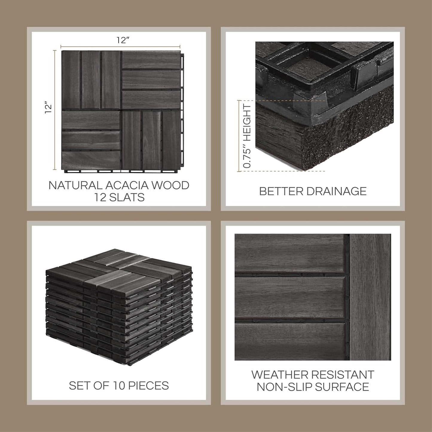 Outdoor Waterproof Acacia Wood Deck Tiles - 10 Pcs Patio Flooring for All Weather Use
