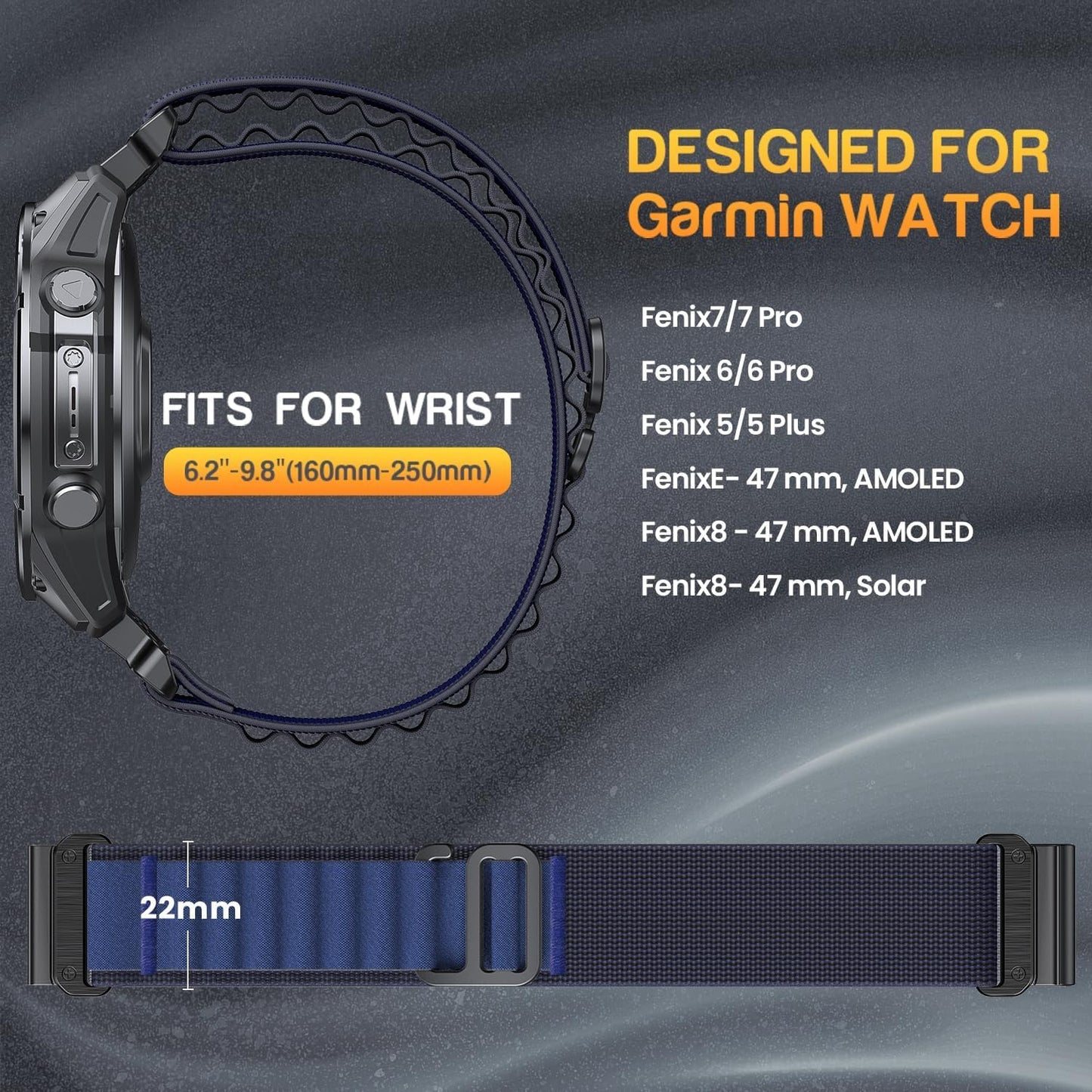 BANSO 22mm Quick Fit Nylon Watch Band for Garmin Fenix 8 47mm,for Fenix 7/7 Pro Fenix 6/6 Pro Fenix 5/5 Plus Watch Strap Garmin forerunner 965 955 945 935 745 Watch Band Approach S62/S60